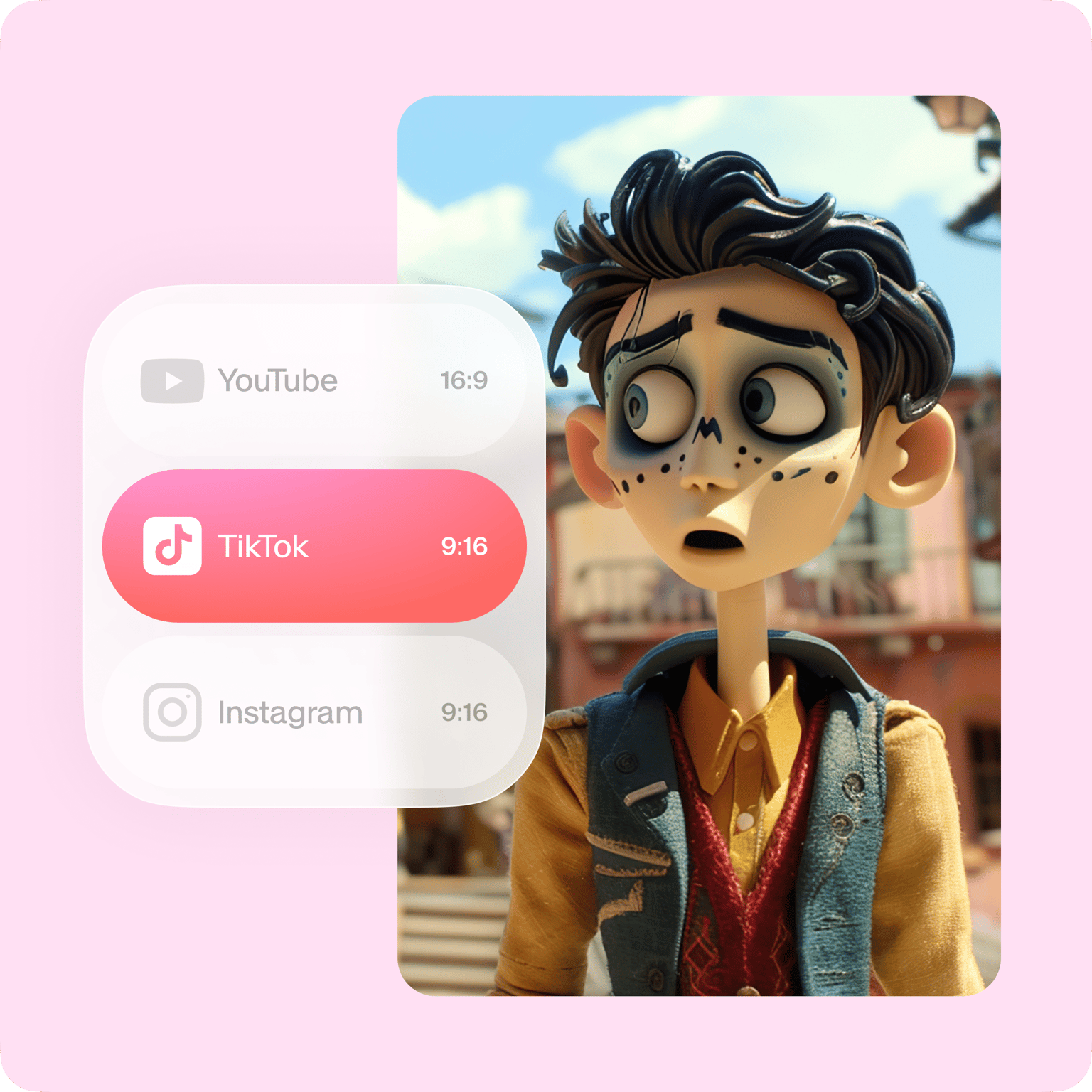 VEED's Stop Motion Video Maker showing an animated character ready to share across YouTube, TikTok, and Instagram.