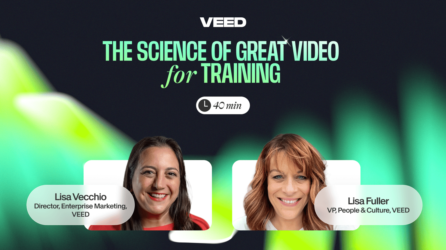 YouTube thumbnail promoting VEED's training resource 'THE SCIENCE OF GREAT VIDEO for TRAINING' with two presenters featured.