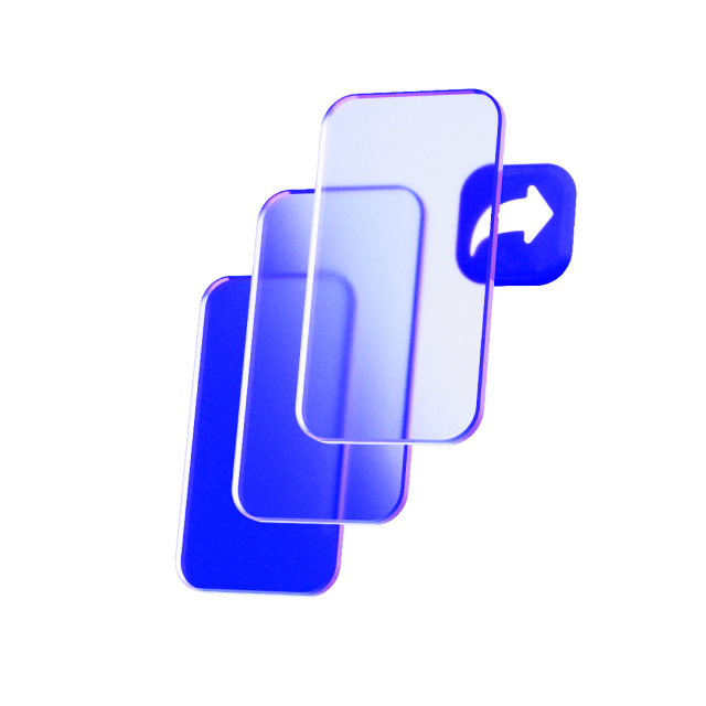 Layered blue cards with a publish icon representing VEED's multi-destination publishing capability.