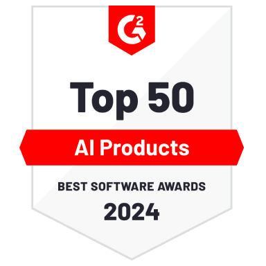G2 award badge for Top 50 AI Products in Best Software Awards 2024.